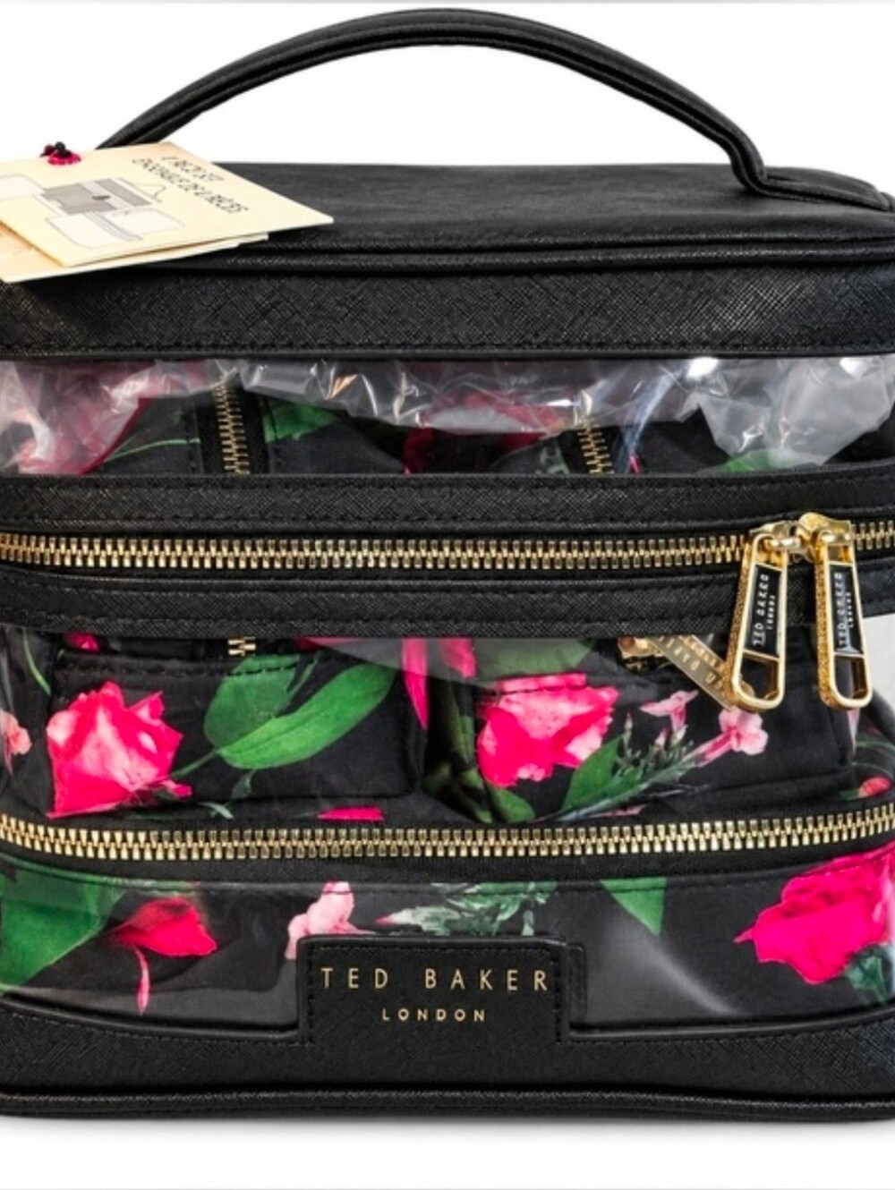Ted Baker London NWT Black Cosmetic Case with Pink Floral Print